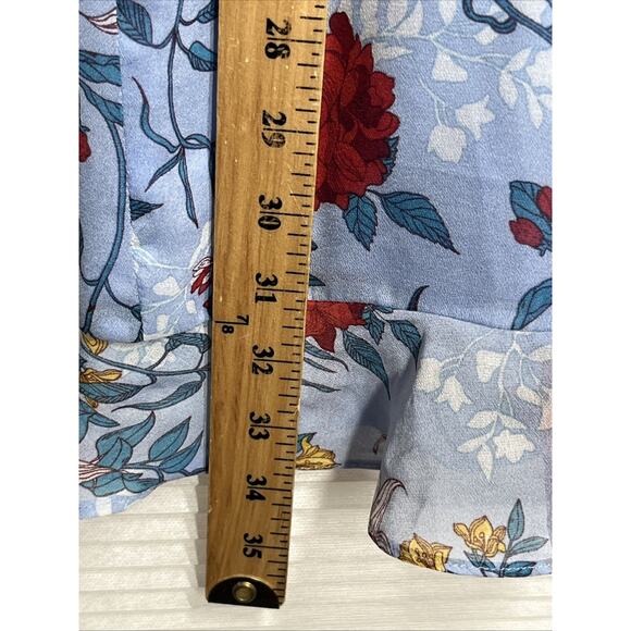 Bardot Mini Wrap Dress Size 8 Blue Red Floral Ruffle Chiffon Cut Out Back V Neck - Picture 8 of 11